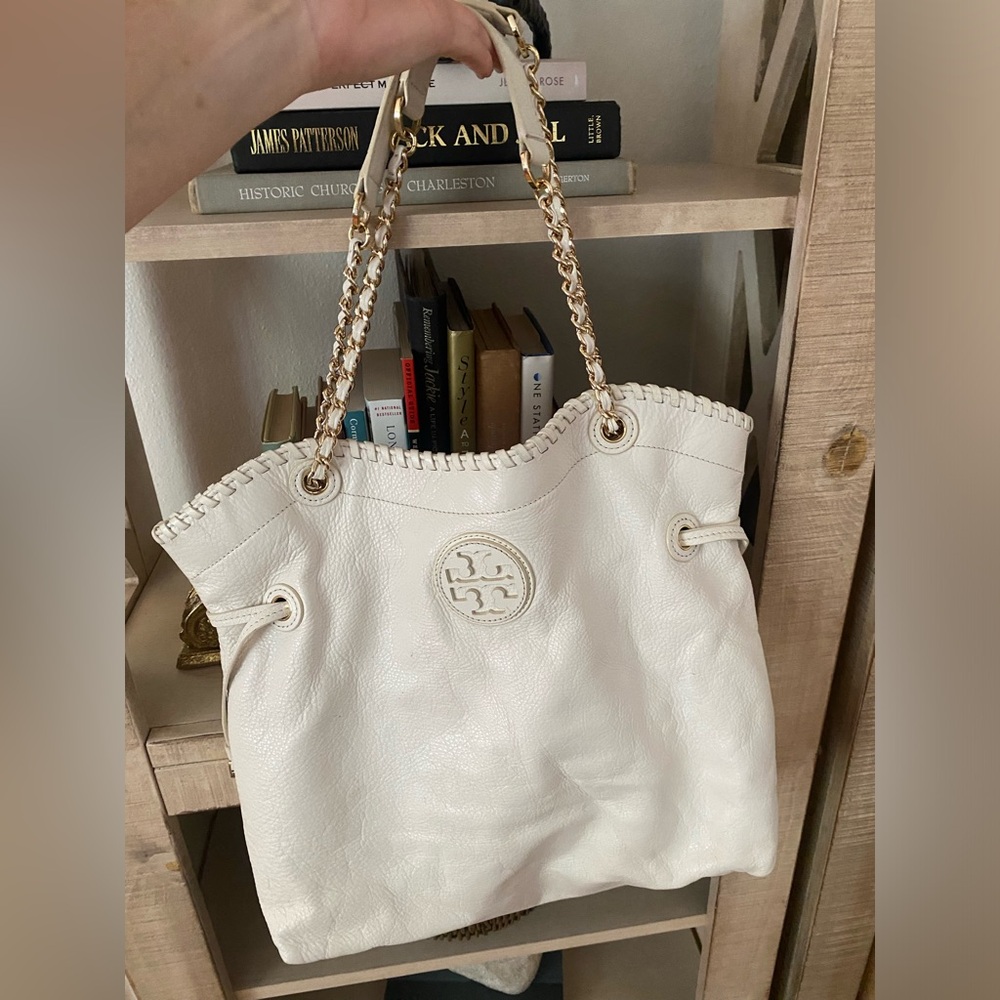 Gently used cream, Tory Burch, large white leather bag purse